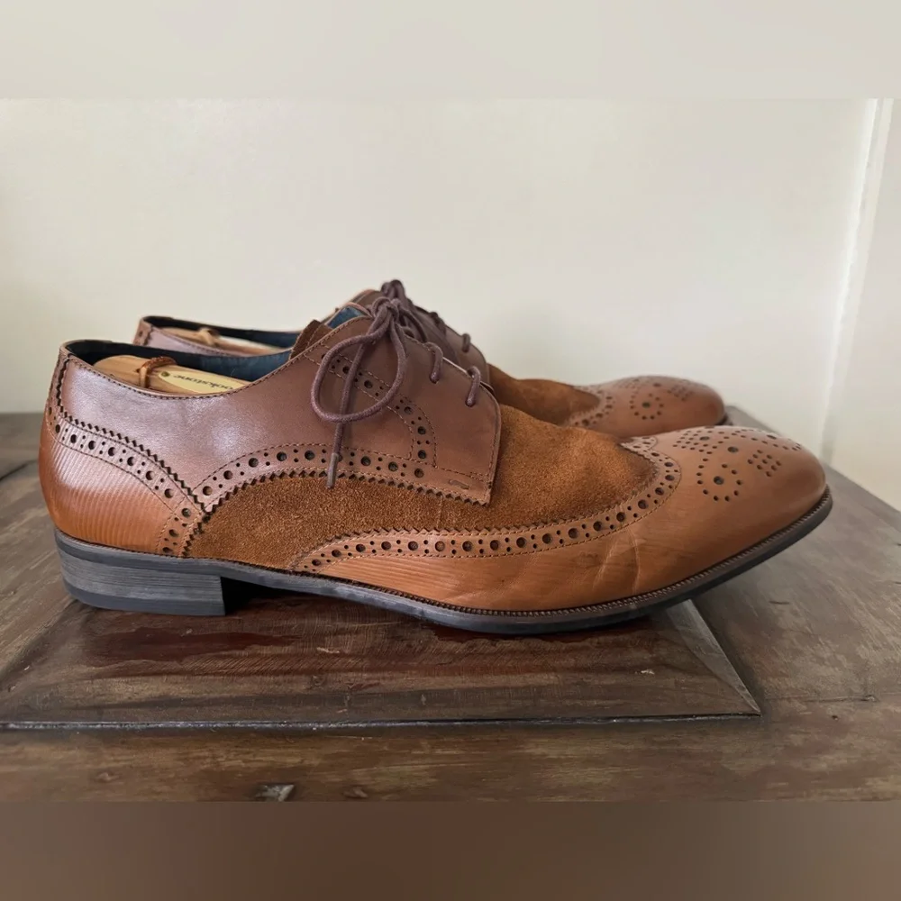Asher Green wingtip oxfords brown leather‎ suede dress shoes size 13